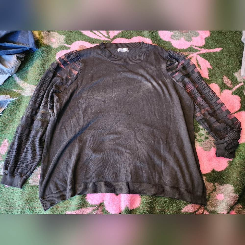 89th & Madison Black Crewneck Sweater with Sheer Stripe Sleeves